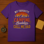Purple t-shirt with "My Favorite Camping Buddies Call Me Dad" text and vintage mountain graphic.