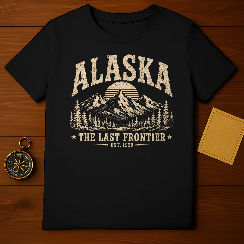 Black t-shirt with "Alaska The Last Frontier Est. 1959" and mountain graphic.