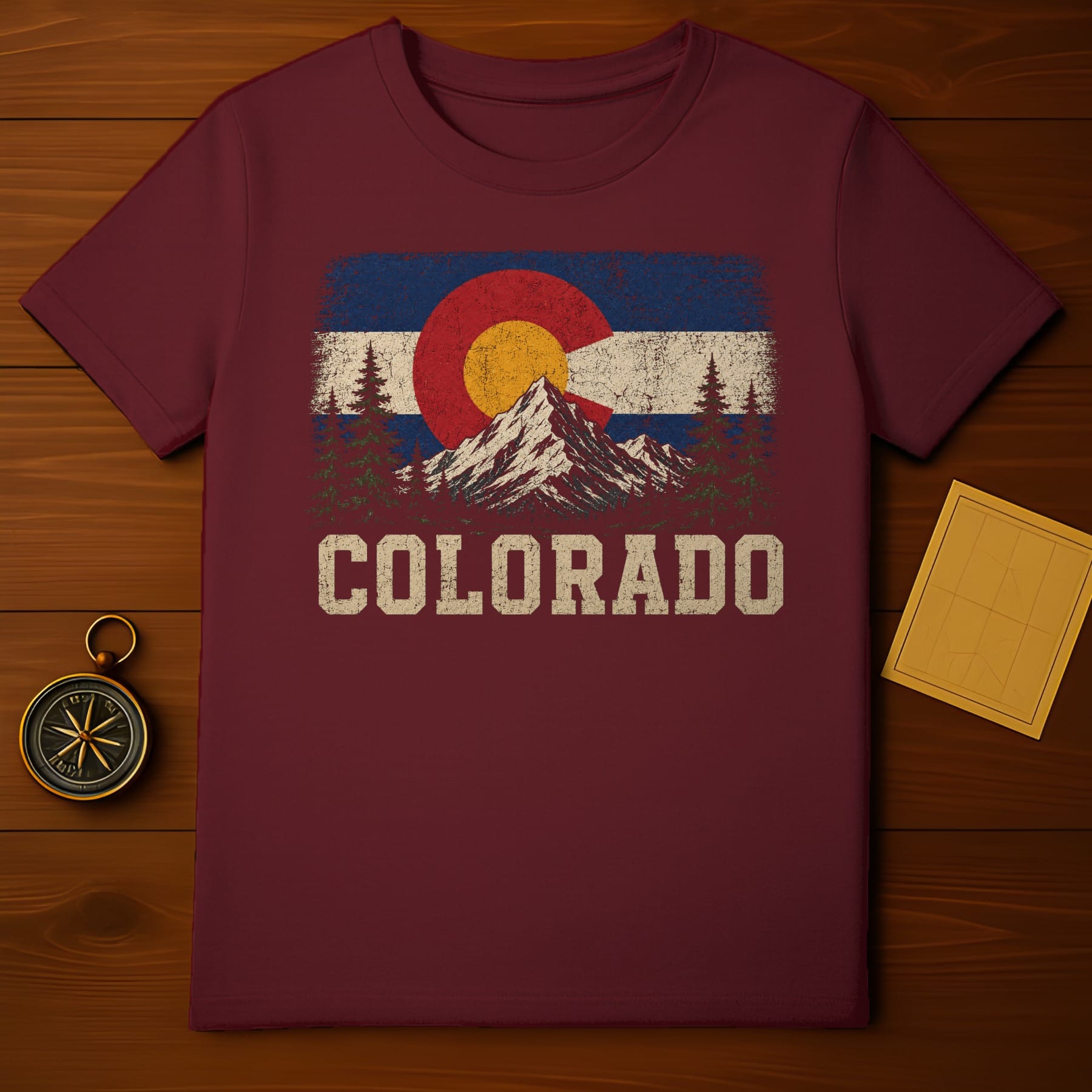 Maroon t-shirt with distressed Colorado flag graphic featuring mountains and trees.