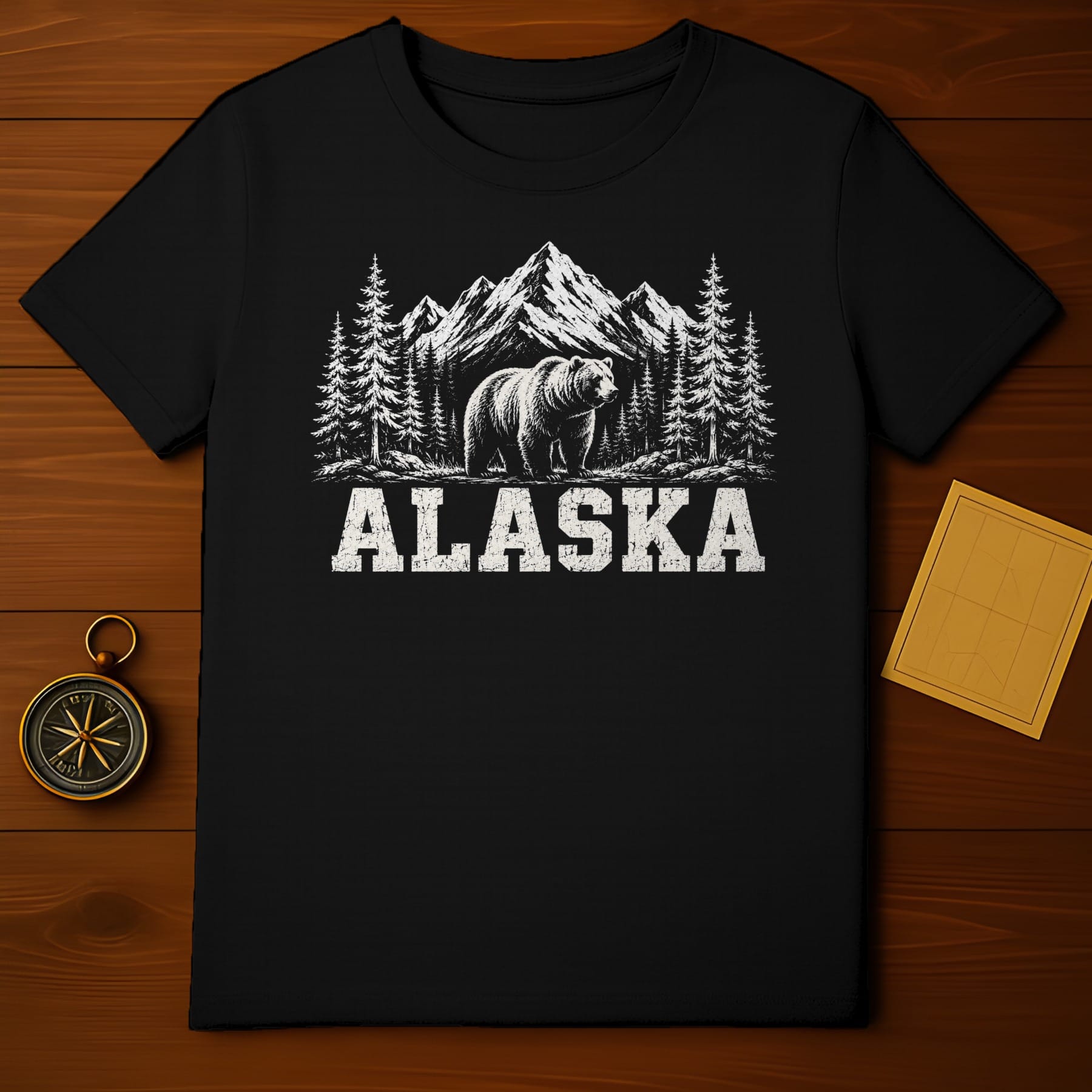 Black t-shirt with a bear, pine trees, and mountains graphic; text "ALASKA".