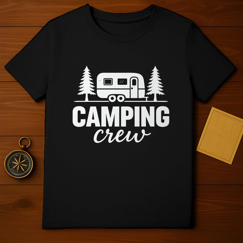 Camping Crew T-Shirt with Camper and Pine Trees Design