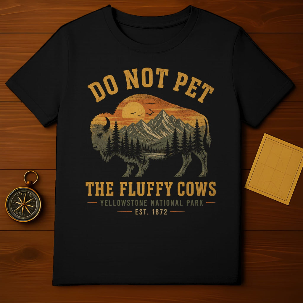 Black t-shirt with graphic of bison, mountains, and text "Do Not Pet The Fluffy Cows Yellowstone National Park".