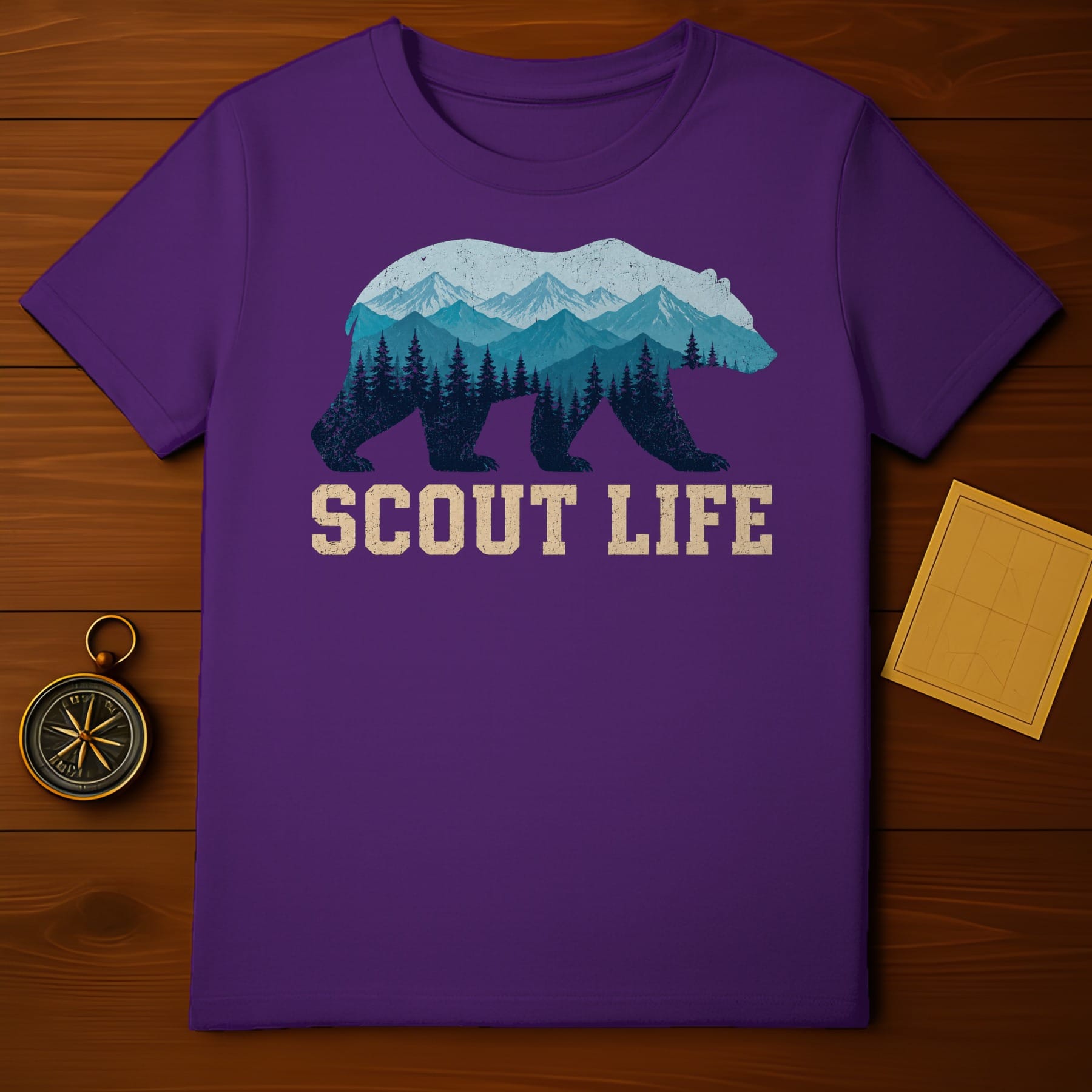 Purple t-shirt with a bear silhouette filled with mountains, trees, and text "SCOUT LIFE".