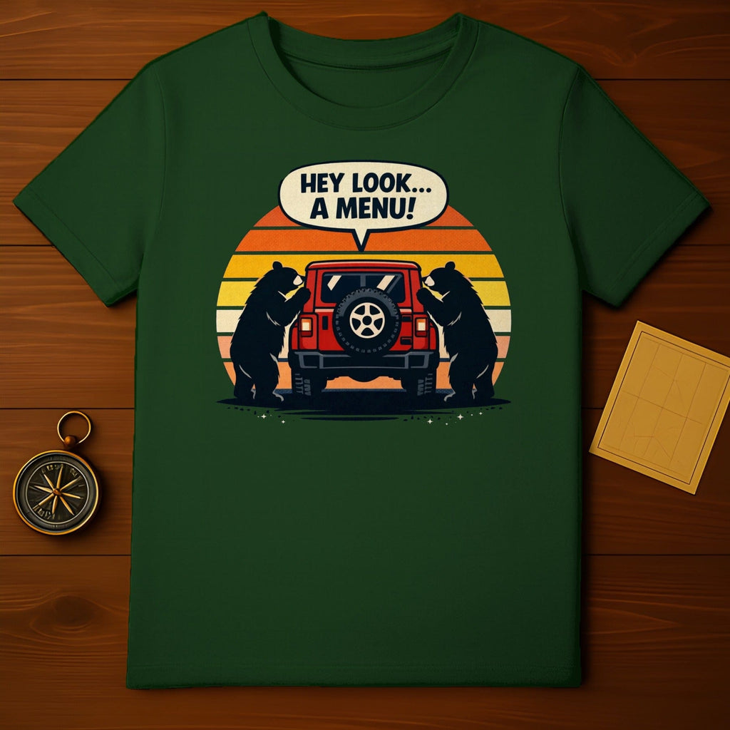 Funny Bears Checking Car 'Hey Look A Menu' T-shirt