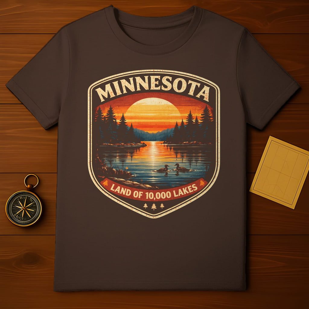 Minnesota Land of 10,000 Lakes graphic on a brown t-shirt.
