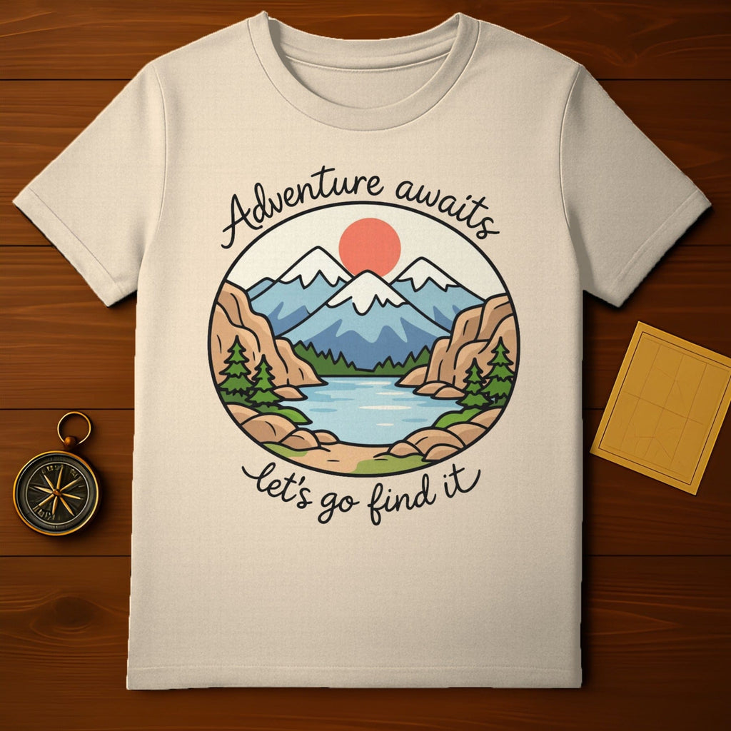 Adventure awaits let's go find it mountains lake nature product type
adventure
mountains
lake
nature
outdoors
exploration
travel
camping
hiking
sun
trees
landscape
graphic tee
design
wanderlust
inspirational
scenic
summer
spring
vacation