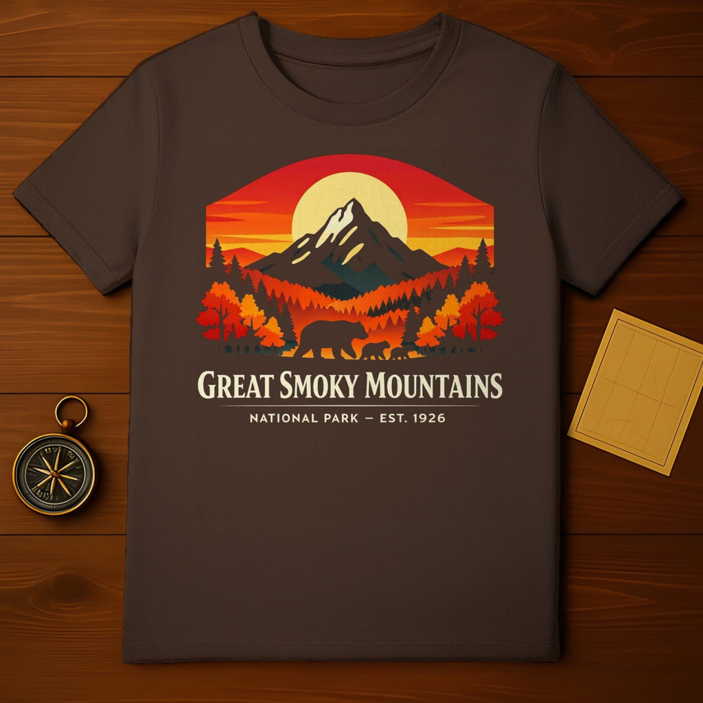 Great Smoky Mountains National Park Est. 1926 Bear product type
Great Smoky Mountains
National Park
Mountain Landscape
Bear Family
Sunset Graphic
Forest Scene
Wildlife Design
Nature Outdoors
Travel Souvenir
Vintage Style
Retro Art
Appalachian Mountains
Camping Hiking
Park Lover
Bear Cub
Est 1926
Wilderness Explore
Scenic View
Brown Shirt
Adventure Theme