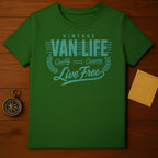Green t-shirt with "VINTAGE VAN LIFE QUALITY CAMPING LIVE FREE" text.