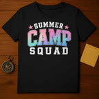 Black t-shirt with "SUMMER CAMP SQUAD" graphic in gradient colors.