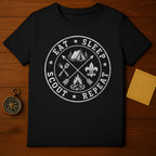 Black t-shirt with "Eat Sleep Scout Repeat" circular graphic featuring camping elements.