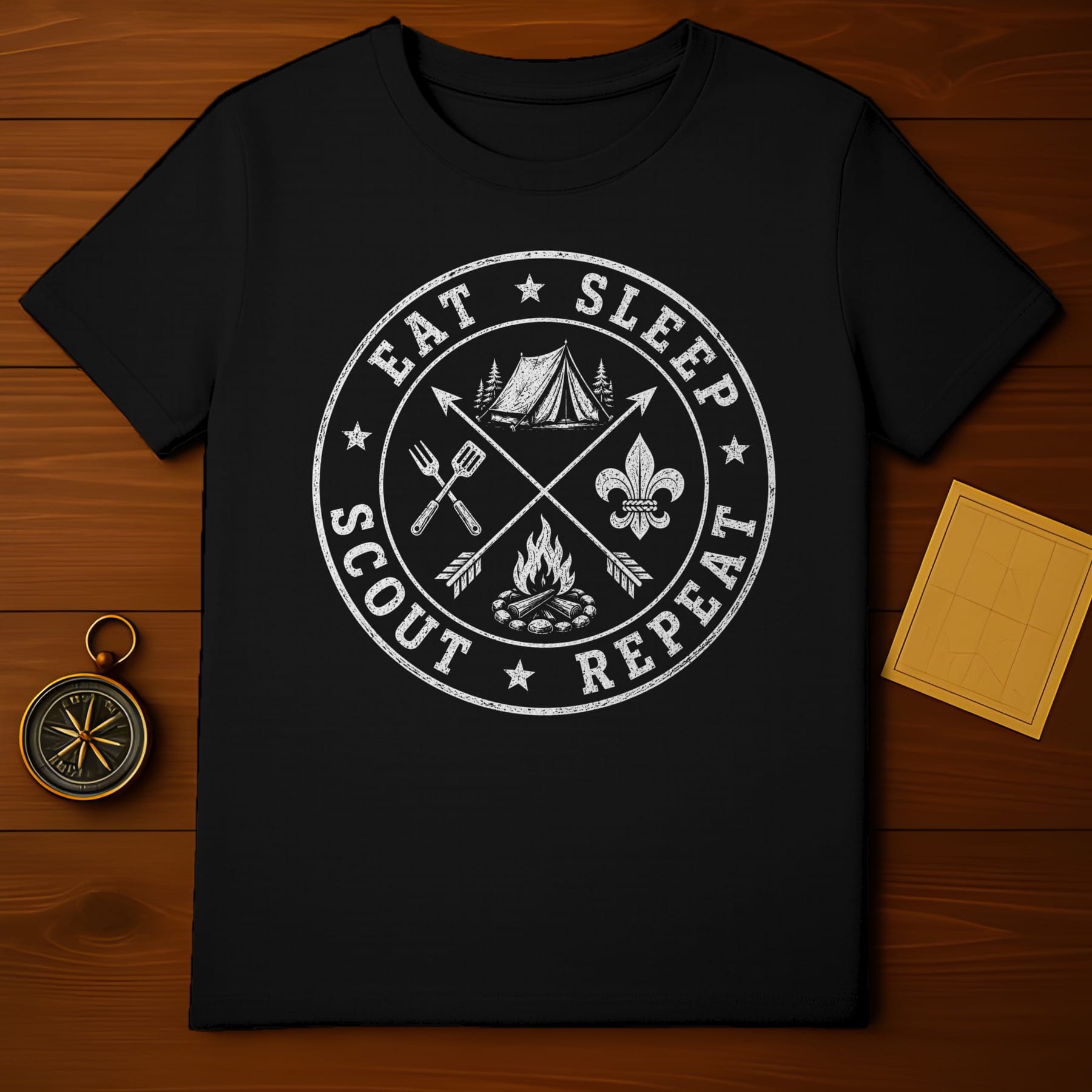 Black t-shirt with "Eat Sleep Scout Repeat" circular graphic featuring camping elements.
