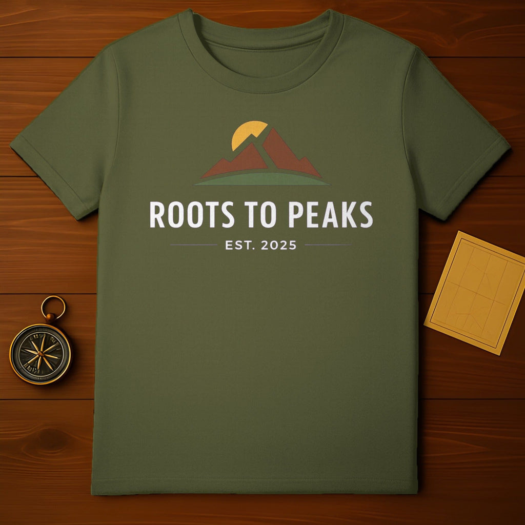 ROOTS TO PEAKS EST. 2025 Mountain Sun Design product type
Roots To Peaks,Est 2025,Mountain graphic,Sun design,Outdoor theme,Nature inspired,Adventure top,Explorer apparel,Hiking clothing,Camping gear,Forest green,Earth tones,Graphic tee,Unique print,Travel shirt,Landscape art,Summit motif,Wilderness style,Retro outdoor,Journey product