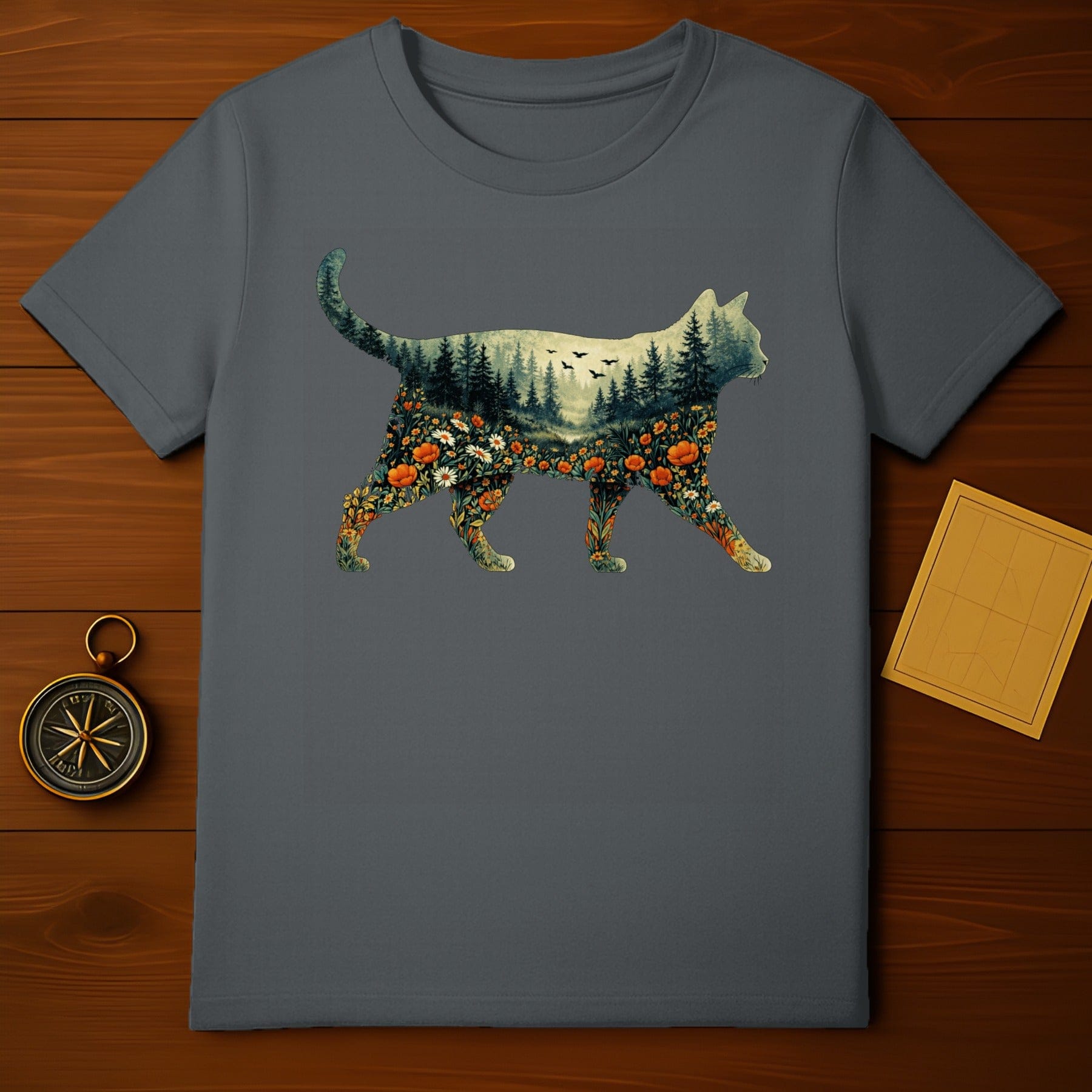 Forest Cat Silhouette with Floral Details Shirt