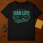 Black t-shirt with "Vintage Van Life Quality Camping Live Free" text design.