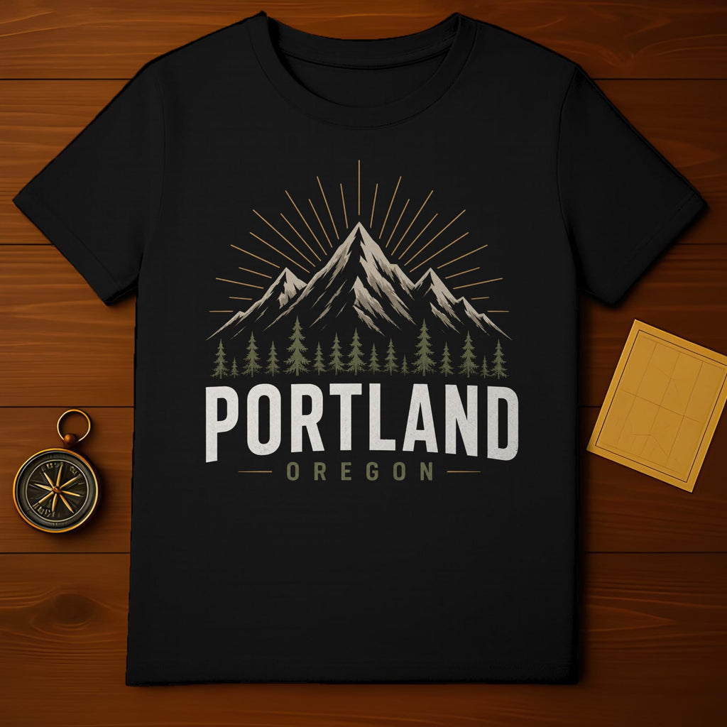 Black t-shirt with "PORTLAND OREGON" and mountain range graphic.
