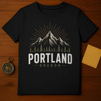 Black t-shirt with "PORTLAND OREGON" and mountain range graphic.