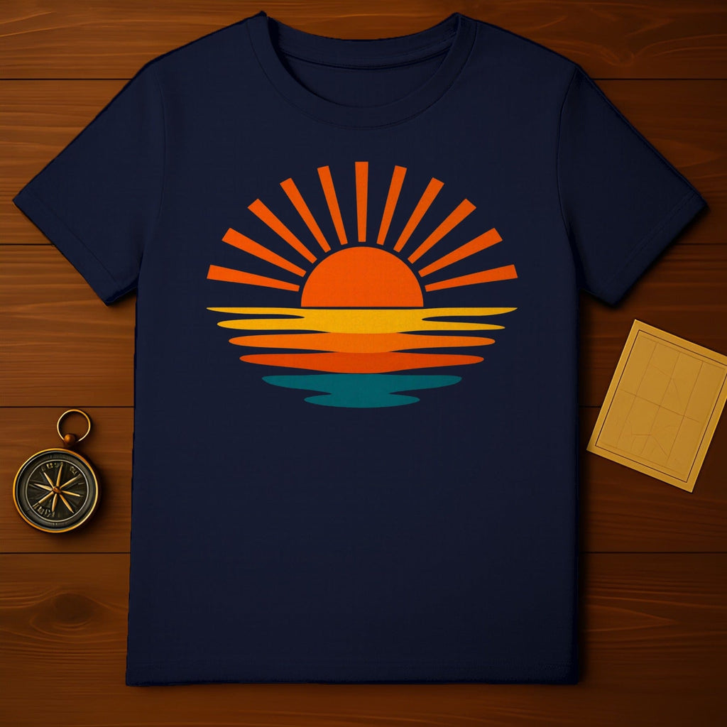 Vibrant Sunset Design on Blue T-Shirt Apparel Item