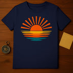 Vibrant Sunset Design on Blue T-Shirt Apparel Item