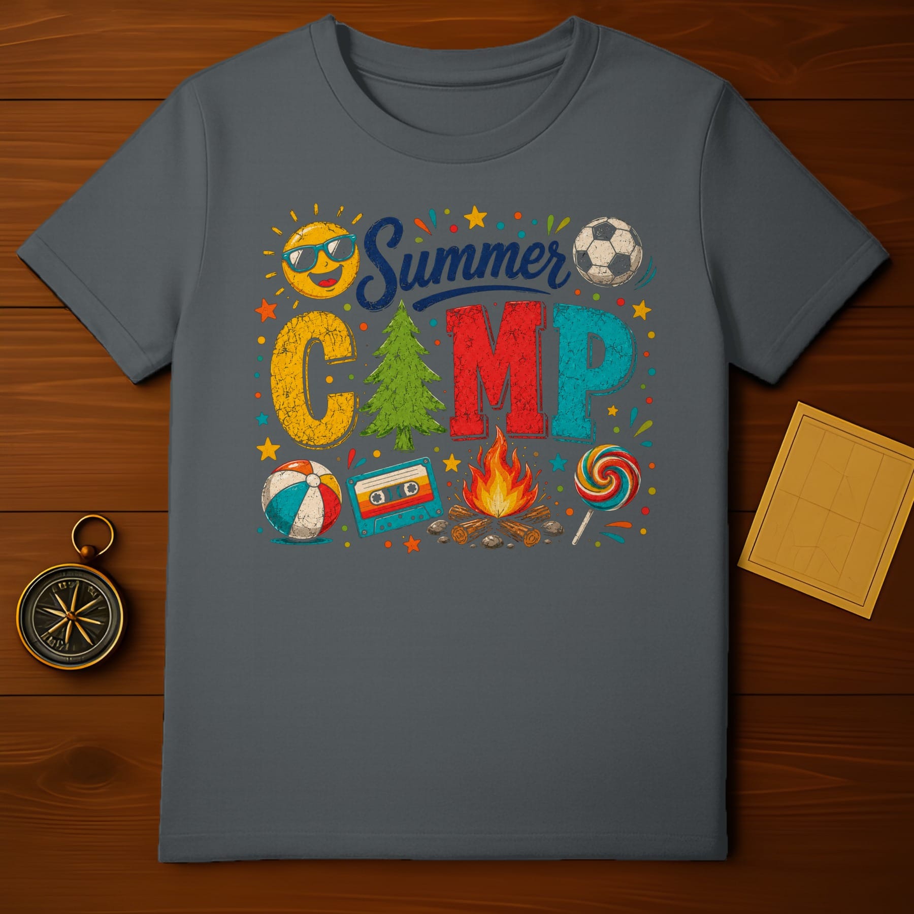 Gray t-shirt with "Summer Camp" text and icons of sun, soccer ball, beach ball, campfire, and lollipop.