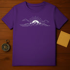 Purple T-Shirt with Mountain Landscape and Sunrise Design