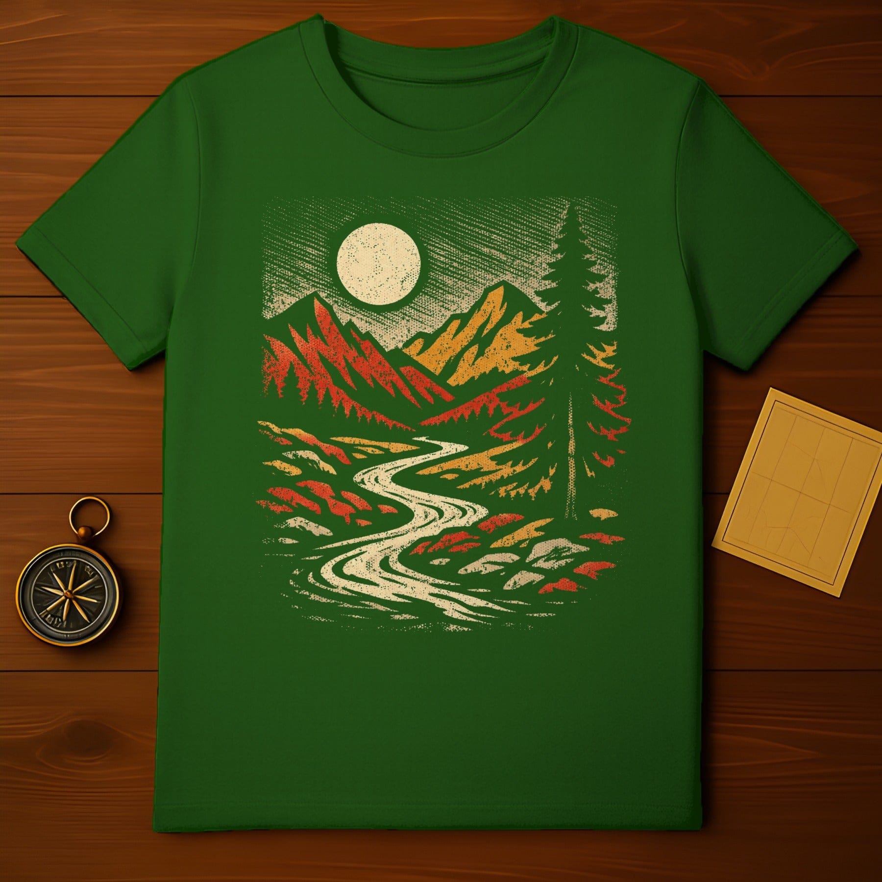 Scenic Mountain Landscape Print Green Shirt