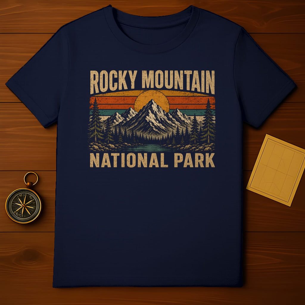 Navy t-shirt with vintage Rocky Mountain National Park mountain scene graphic