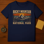 Navy t-shirt with vintage Rocky Mountain National Park mountain scene graphic