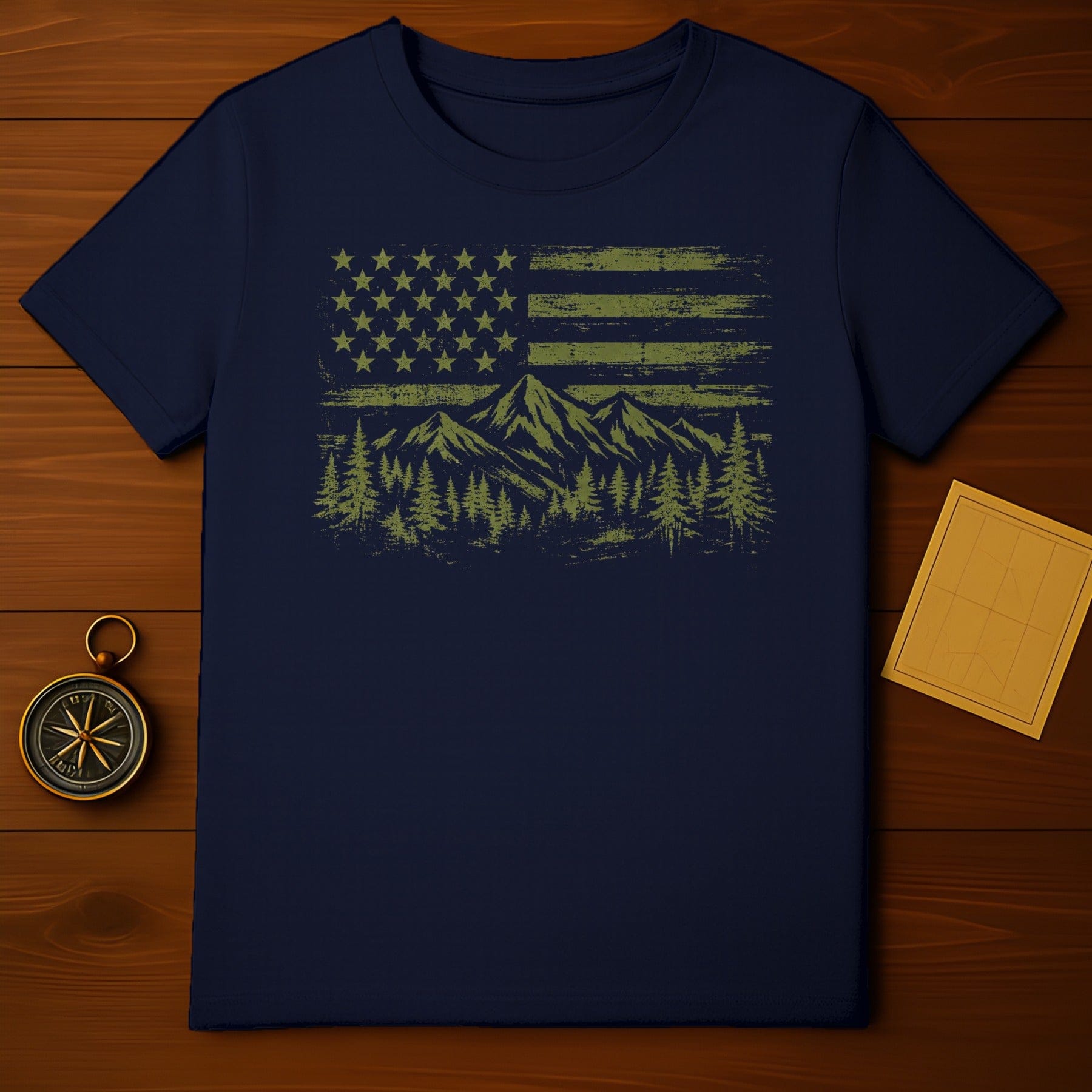 American Flag and Mountains Graphic T-Shirt