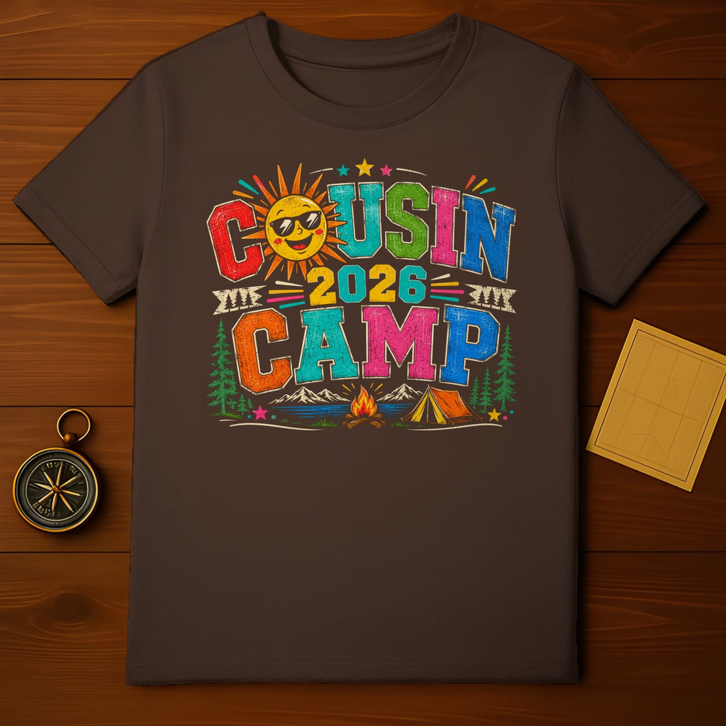 "Cousin Camp 2026" graphic with sun, mountains, campfire and tent.