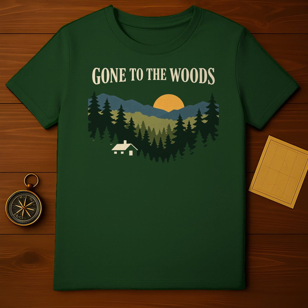 GONE TO THE WOODS Cabin Mountain Forest Scene product type