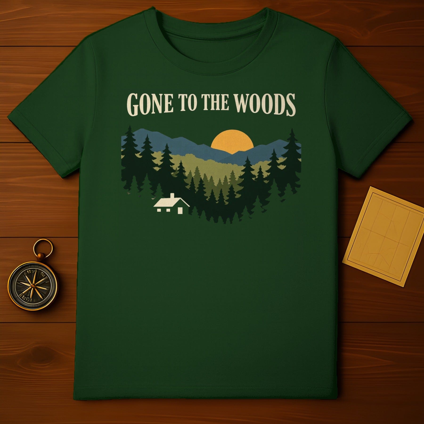 GONE TO THE WOODS Cabin Mountain Forest Scene product type