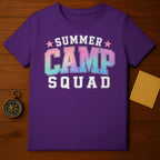 Purple t-shirt with "Summer Camp Squad" text in collegiate style font.