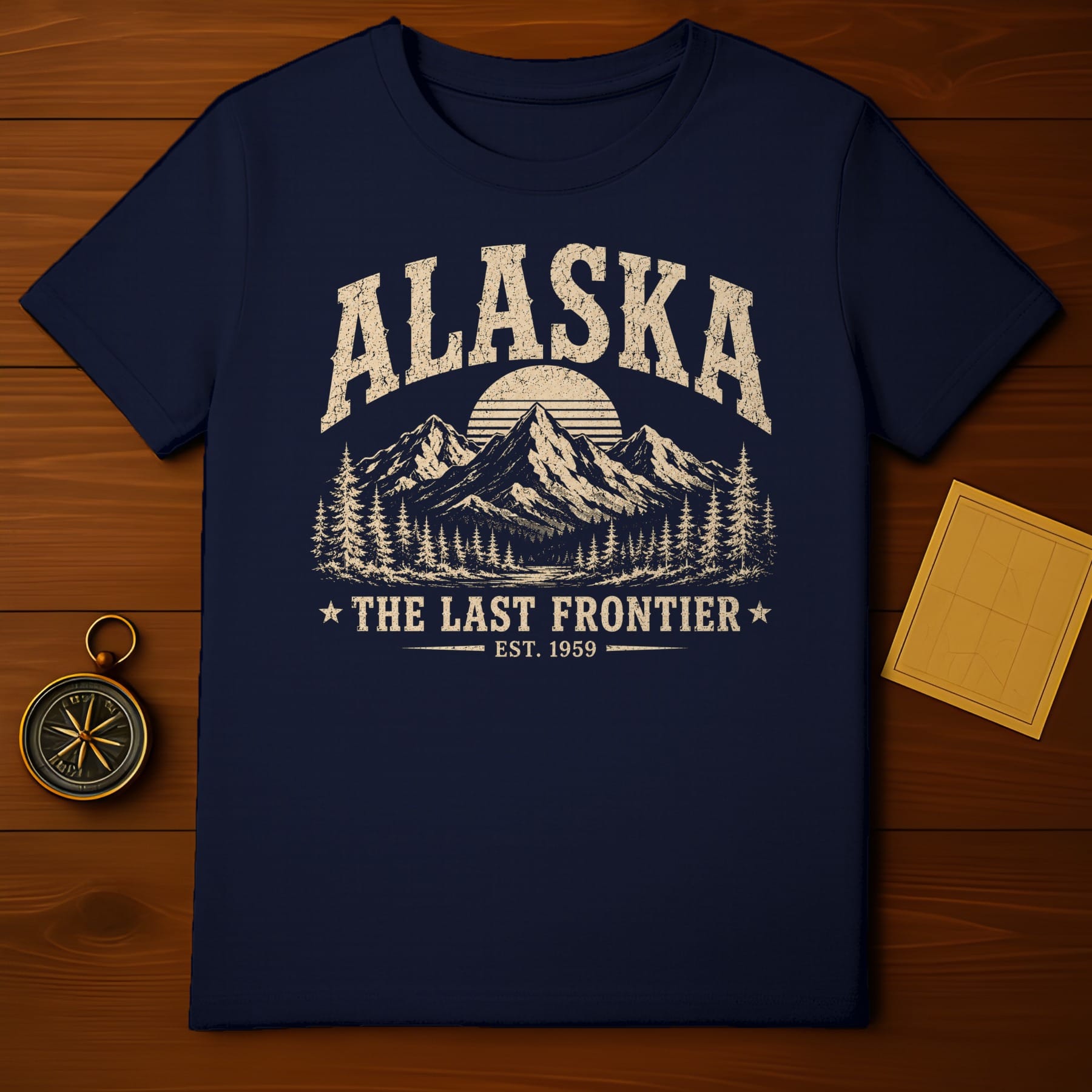 Navy t-shirt with distressed "ALASKA THE LAST FRONTIER EST. 1959" mountain graphic.