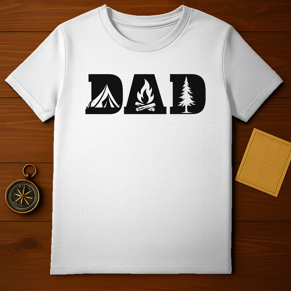 White t-shirt with black "DAD" graphic featuring tent, campfire, and tree.