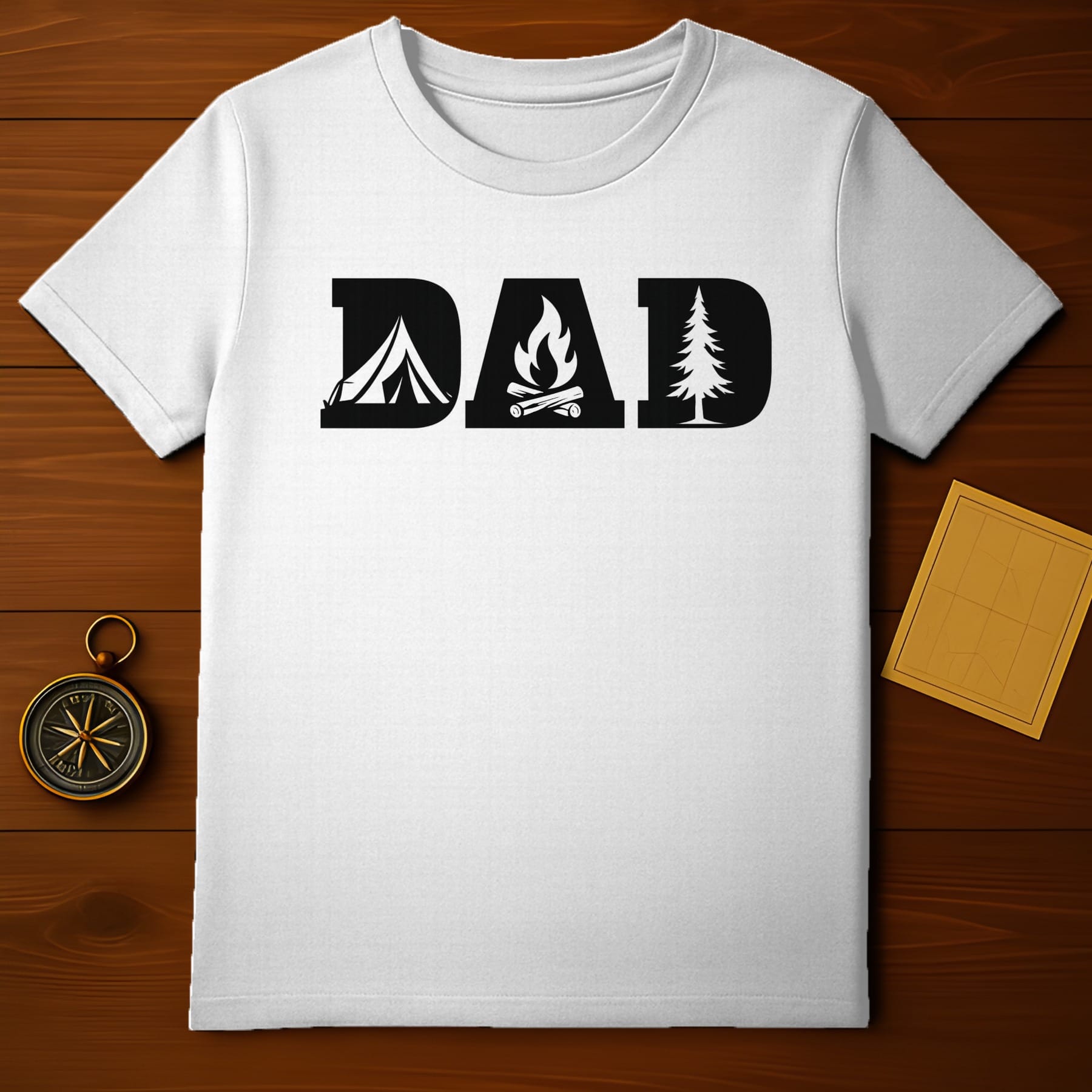 White t-shirt with black "DAD" graphic featuring tent, campfire, and tree.