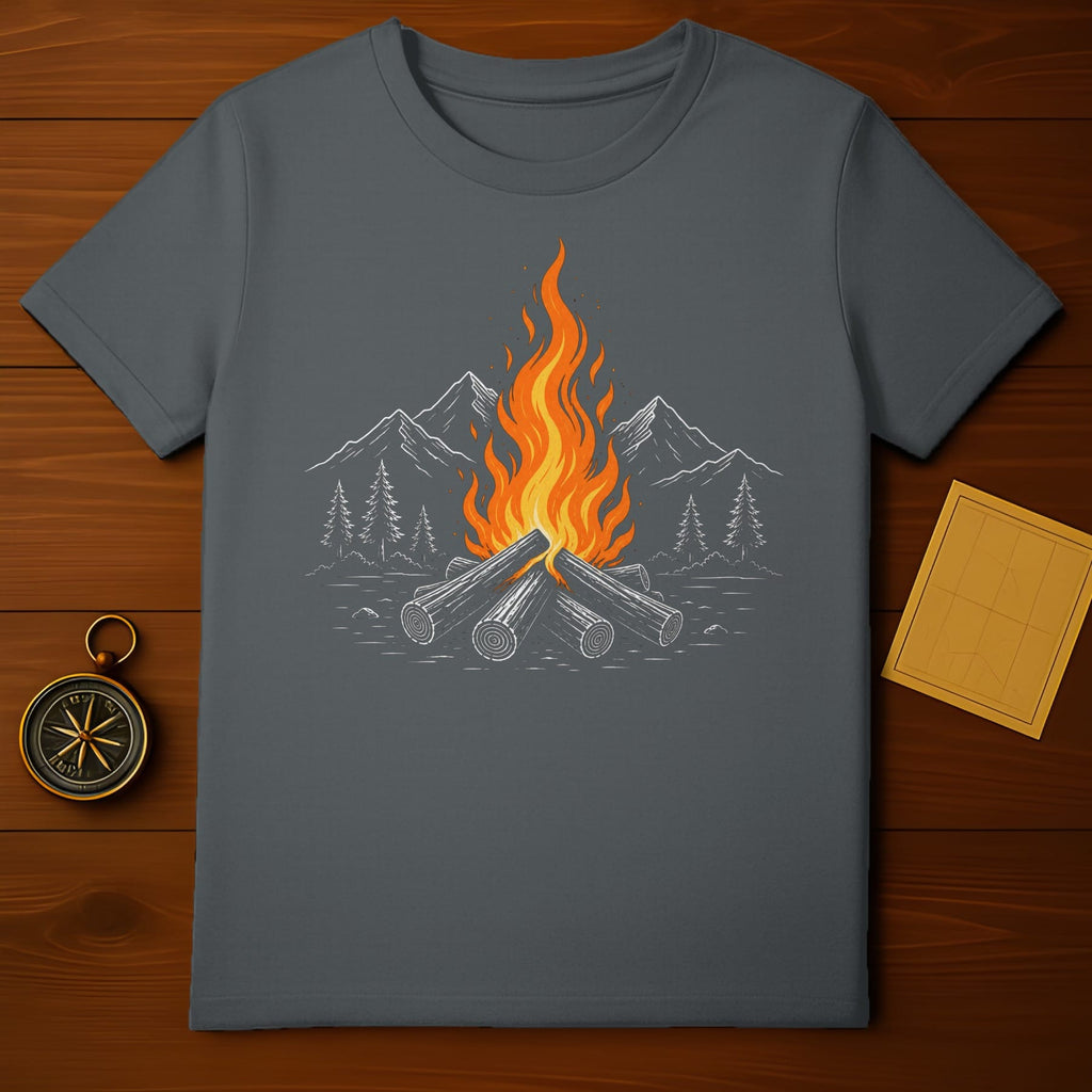 Campfire with mountains and trees illustration on a dark grey t-shirt.