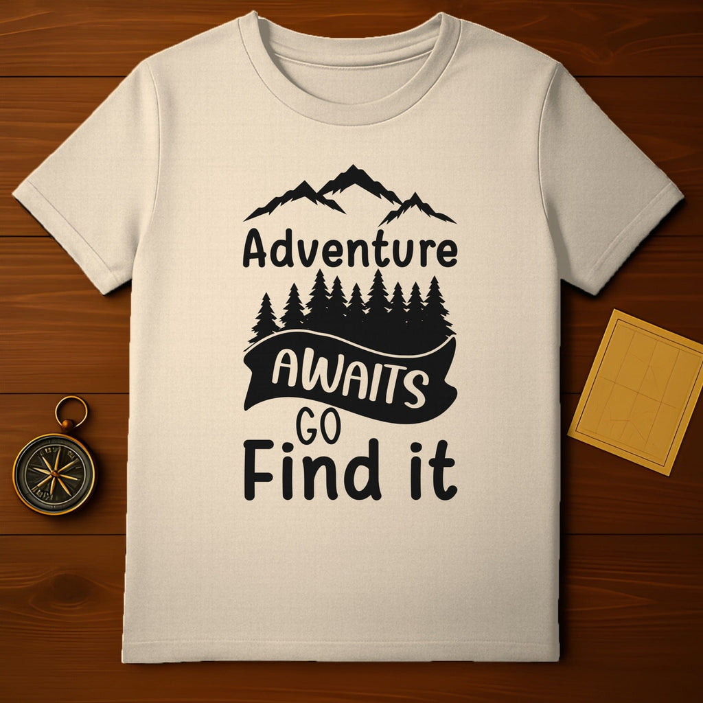 Adventure Awaits Go Find It T-shirt with Mountains and Trees