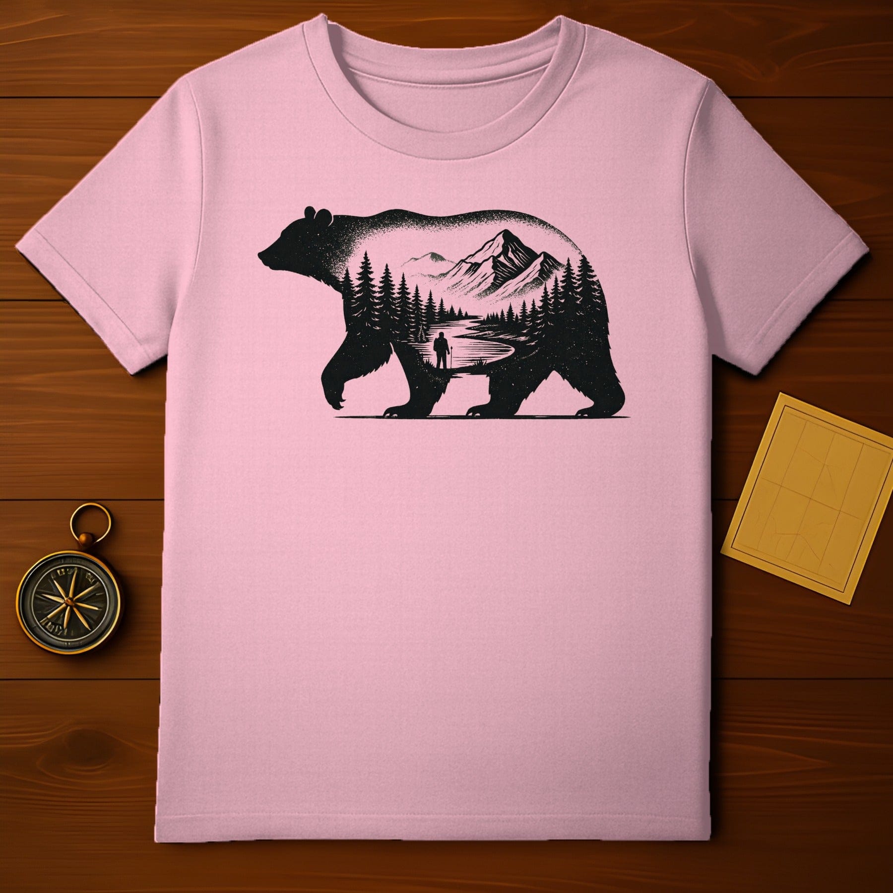 Mountain Landscape Bear Design on Pink Shirt