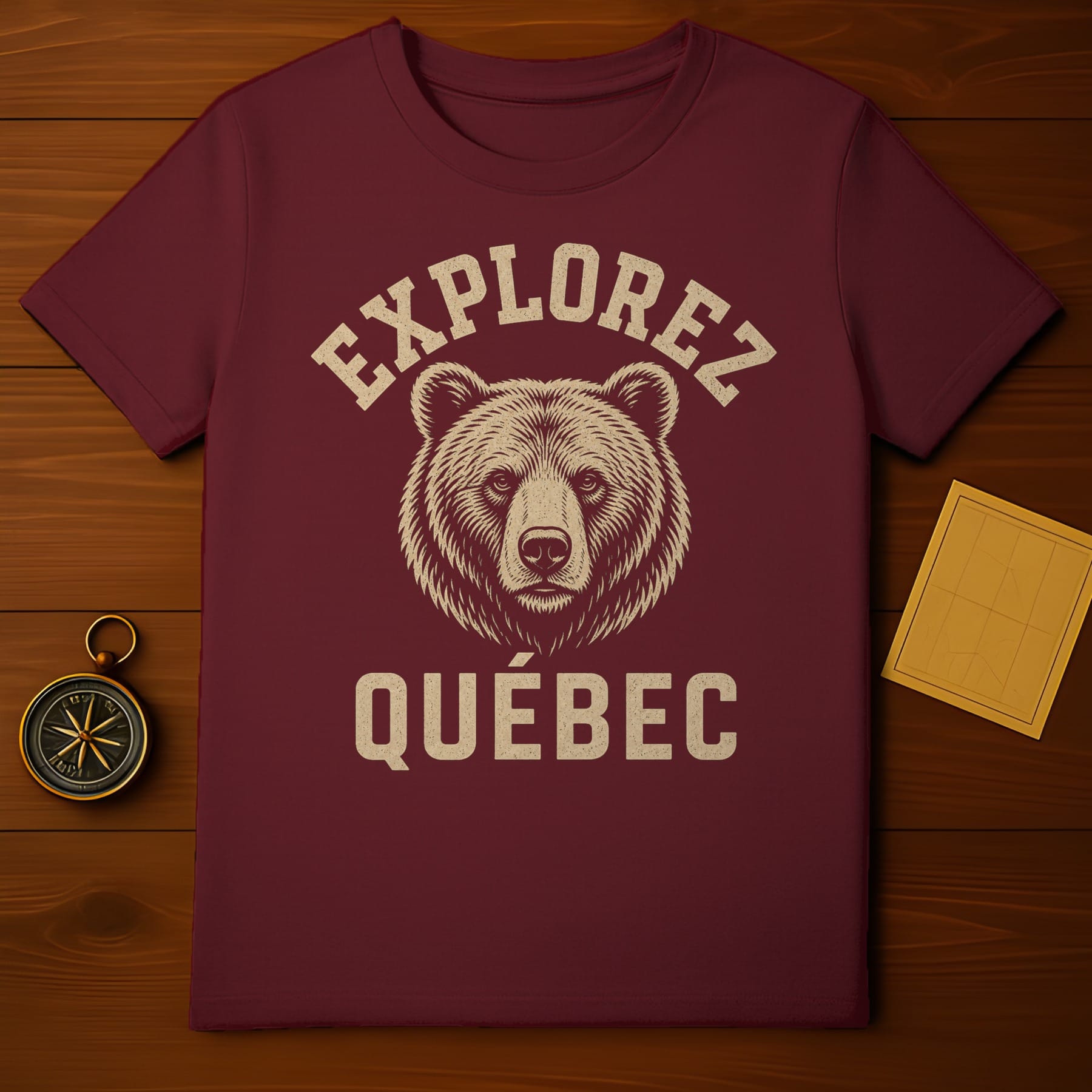 Maroon t-shirt with bear graphic and "Explorez Québec" text.