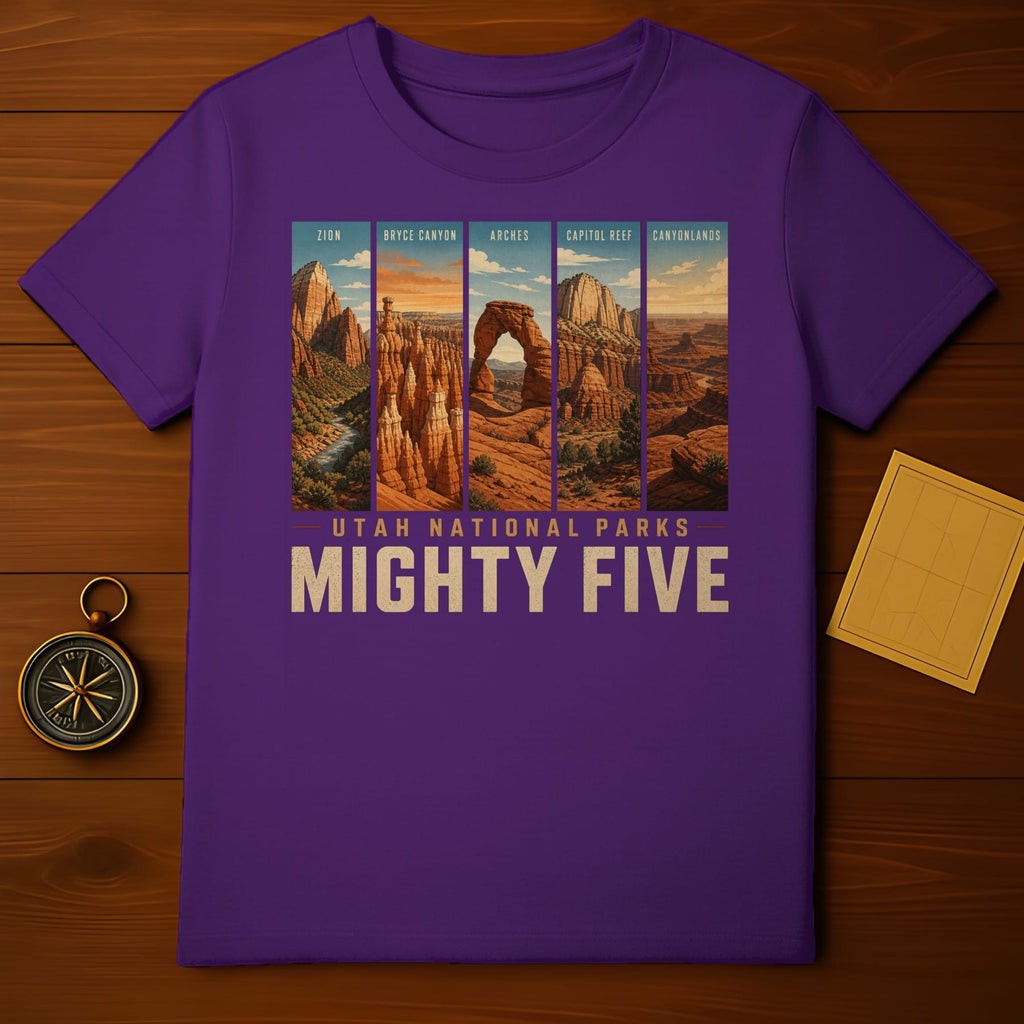 Purple t-shirt featuring a panoramic view of Utah's Mighty Five national parks.