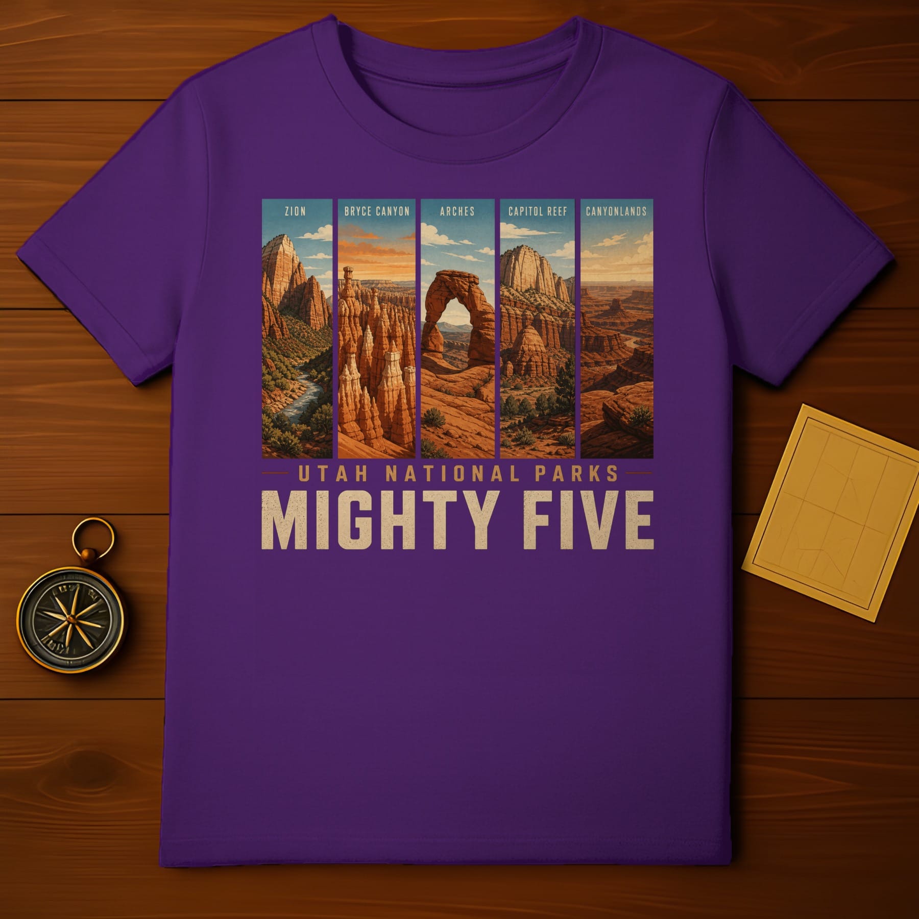 Purple t-shirt featuring a panoramic view of Utah's Mighty Five national parks.