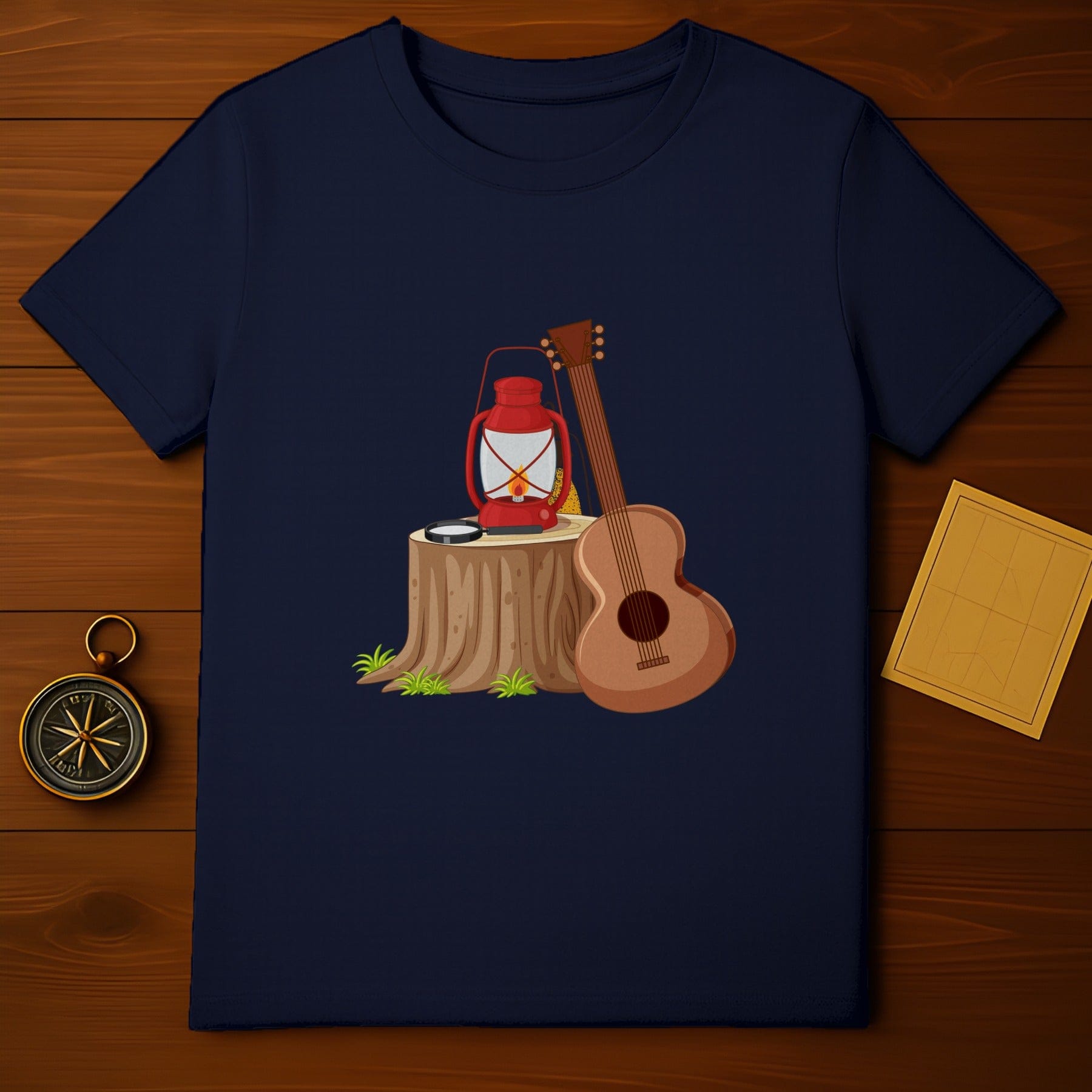 Camping Lantern and Guitar Design Tee Shirt