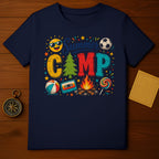 Navy t-shirt with "Summer Camp" text and playful icons like a sun, ball, and campfire.