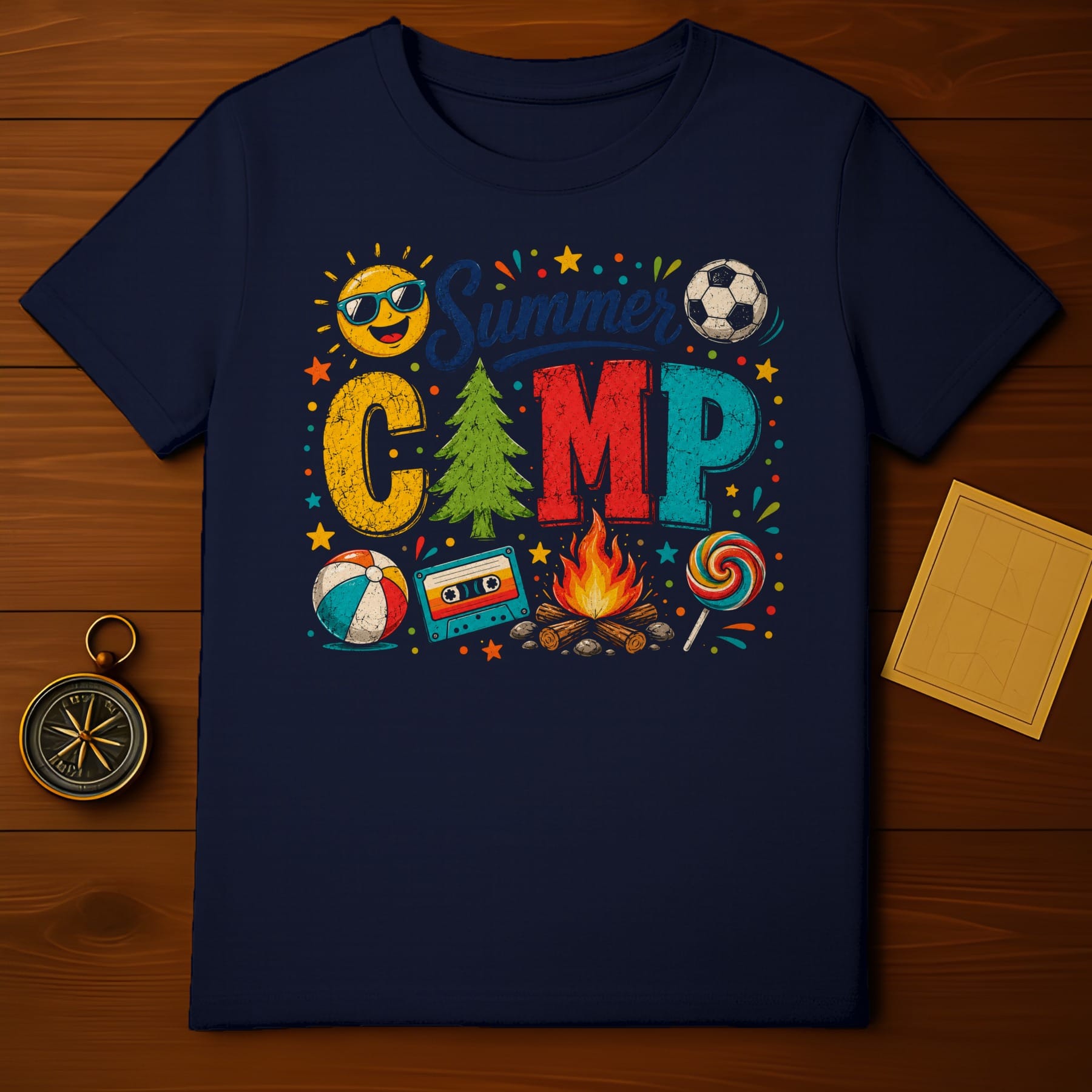 Navy t-shirt with "Summer Camp" text and playful icons like a sun, ball, and campfire.