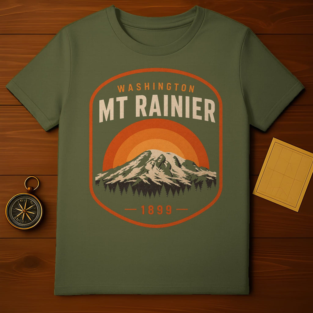 Green t-shirt with Mt. Rainier National Park graphic and "1899" date.