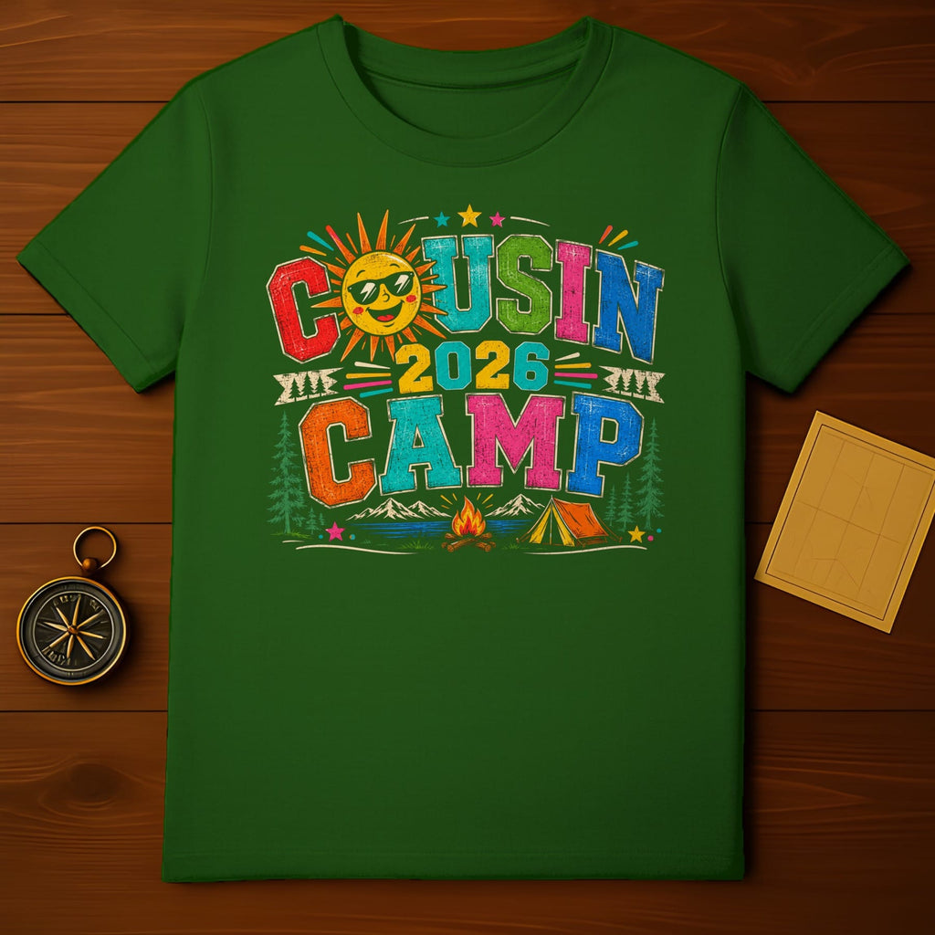 Green t-shirt with "Cousin Camp 2026" text and camping graphics.