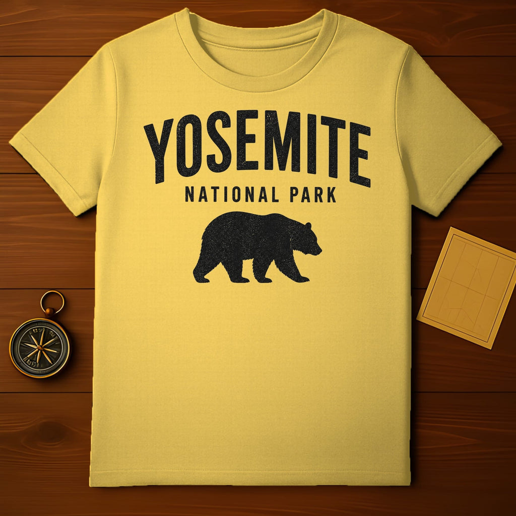 Yellow t-shirt with black Yosemite National Park bear silhouette logo.