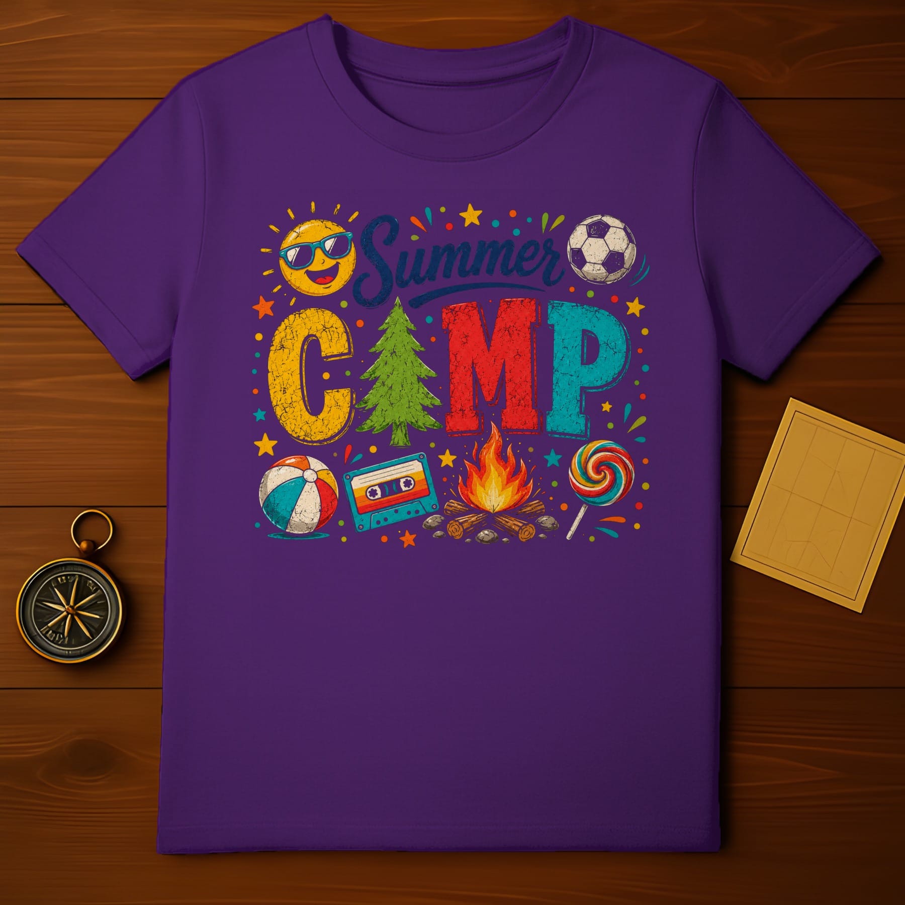 Purple t-shirt with "Summer CAMP" lettering and camp-themed graphics.