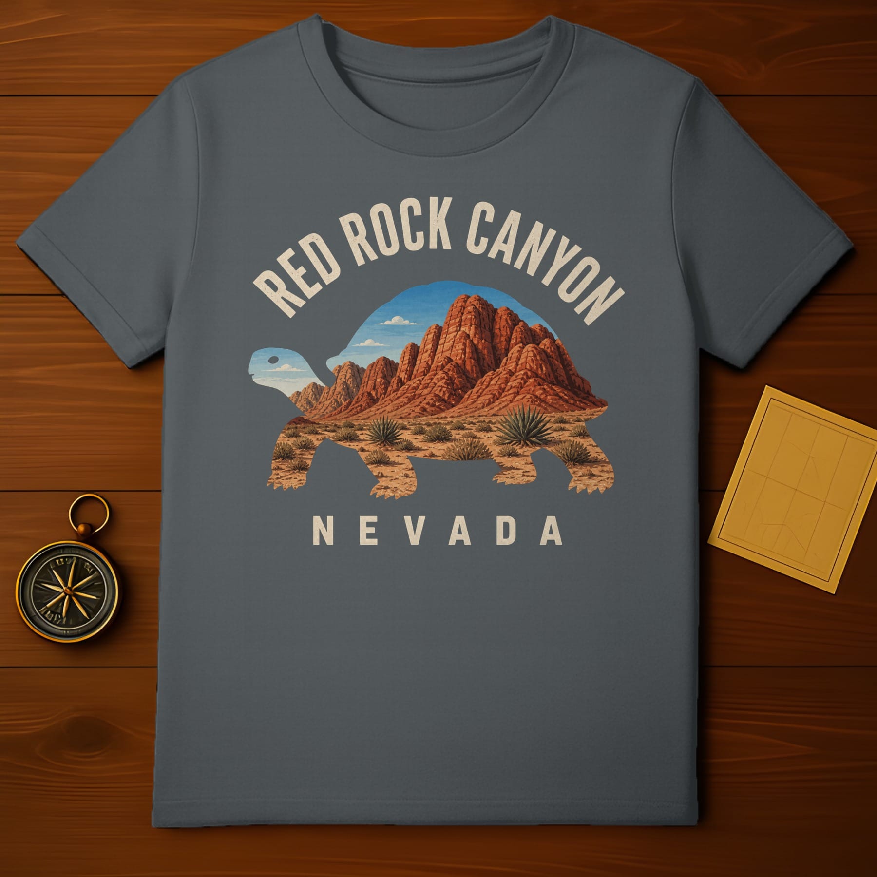 Gray t-shirt with Red Rock Canyon Nevada desert landscape inside a turtle silhouette.
