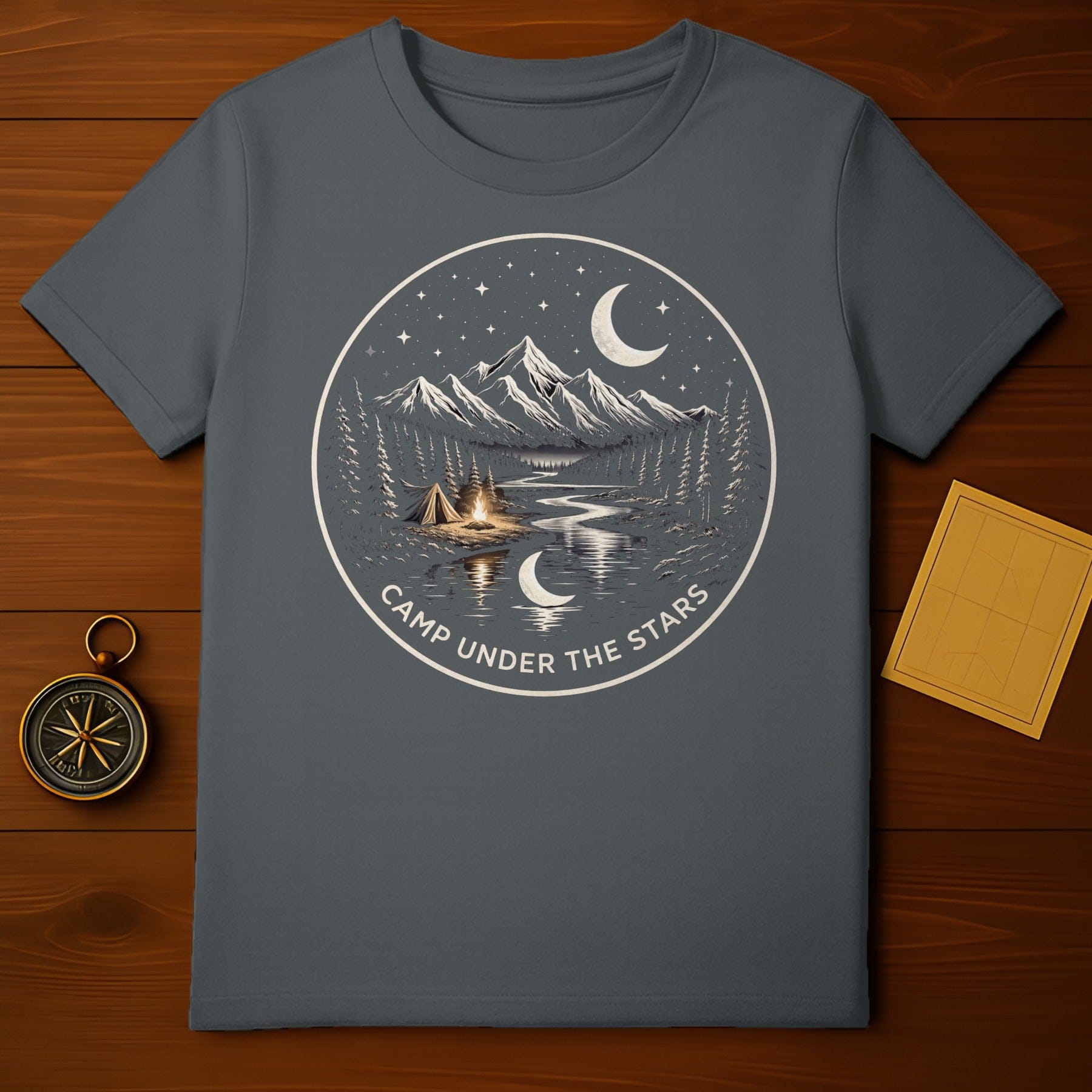 Camp Under The Stars Mountain Night Scene Product Type
Camping Design
Mountain Art
Starry Night Sky
Adventure Graphic
Wilderness Explorer
Moonlit Camp
Outdoor Scene
Nature Lover Gift
Forest Landscape
Tent Life
Campfire Glow
River Reflection
Pine Tree Artwork
Cosmic Nights
Wanderlust Apparel
Scenic Mountains
Night Time Graphic
Gray Tee
Horizon View
Explore Nature